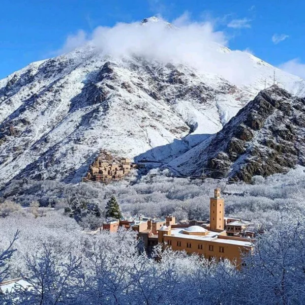 Spectacular and rare view of the Mount Toubkal National Park, and the highest peak in the North of Africa. In winter time as it’s covered in snow, Mount Toubkal Trek Morocco